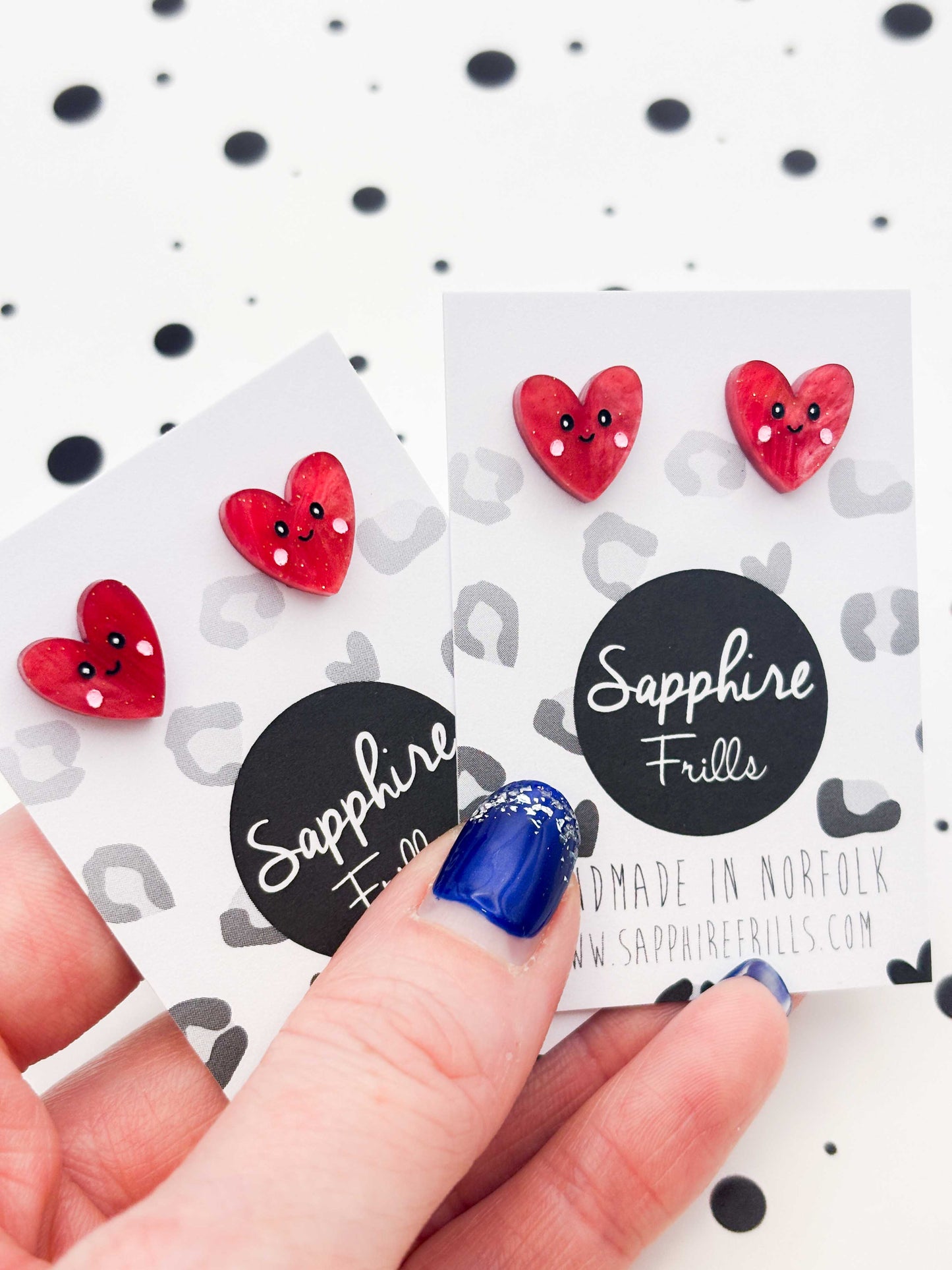 Small Red Glitter Marble Heart with Face Stud Earrings – Hypoallergenic Stainless Steel