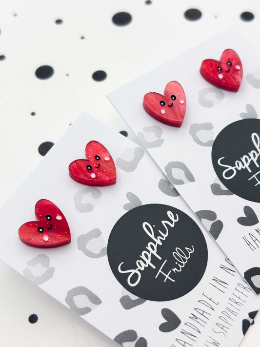 Small Red Glitter Marble Heart with Face Stud Earrings – Hypoallergenic Stainless Steel