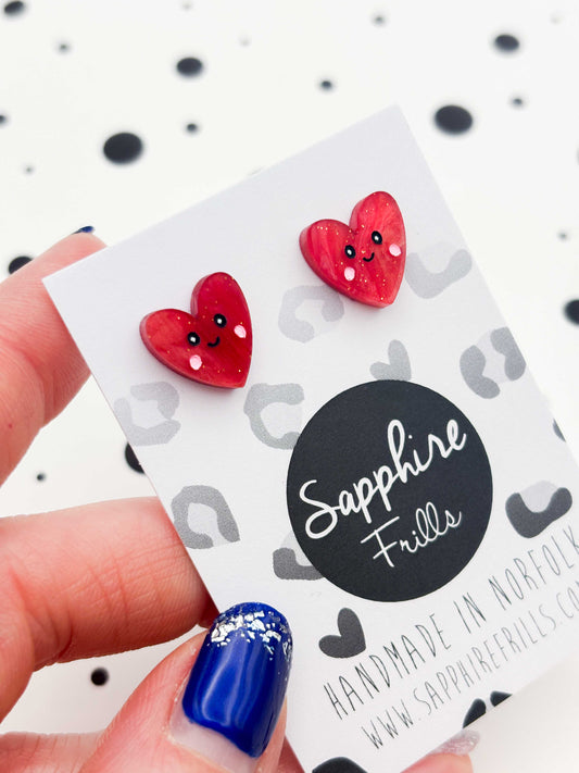 Small Red Glitter Marble Heart with Face Stud Earrings – Hypoallergenic Stainless Steel