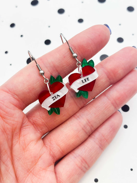 Medium Personalised Red Tattoo Style Heart With Leaves Dangle Earrings or Necklace – Hypoallergenic Stainless Steel