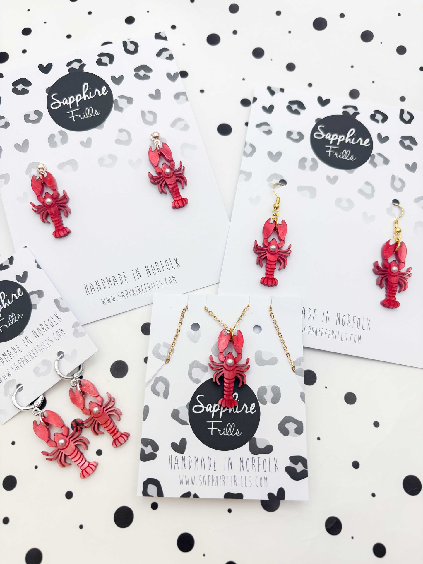 Large Red Glitter Marble Lobster with Pearl Dangle Earrings or Necklace – Hypoallergenic Stainless Steel