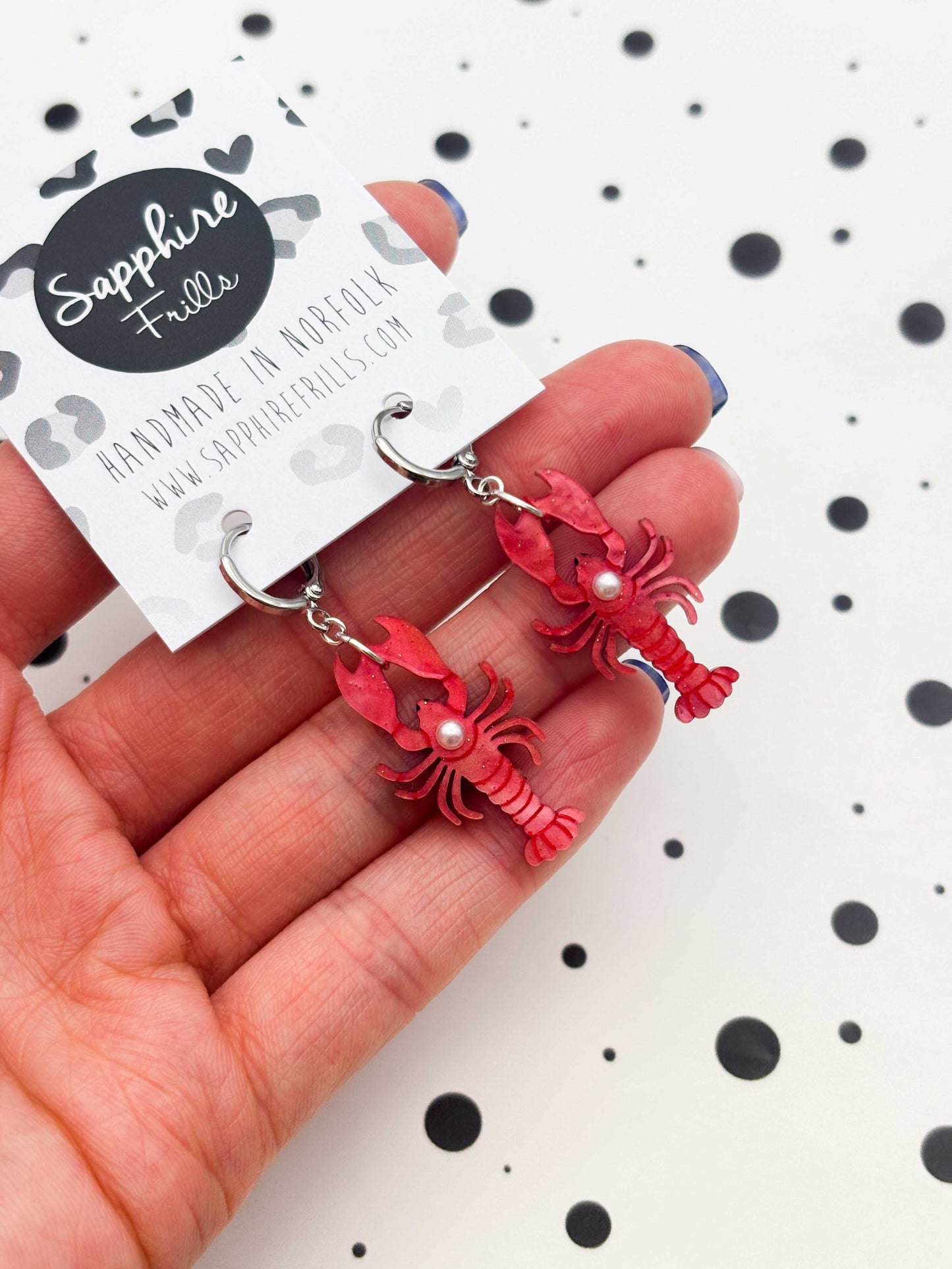 Large Red Glitter Marble Lobster with Pearl Dangle Earrings or Necklace – Hypoallergenic Stainless Steel