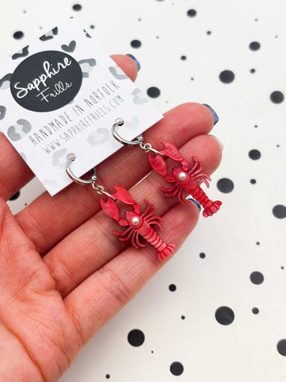 Large Red Glitter Marble Lobster with Pearl Dangle Earrings or Necklace – Hypoallergenic Stainless Steel