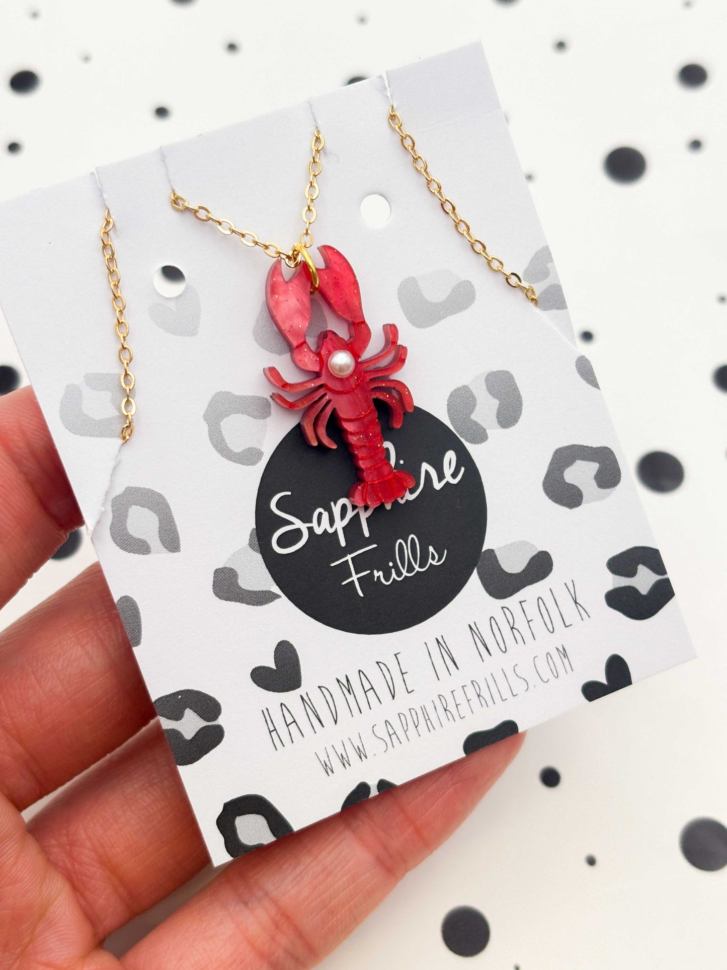 Large Red Glitter Marble Lobster with Pearl Dangle Earrings or Necklace – Hypoallergenic Stainless Steel