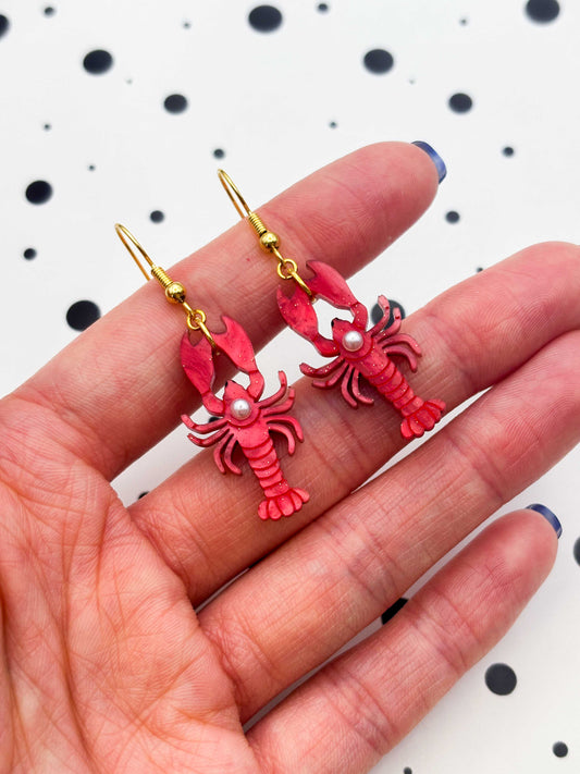 Large Red Glitter Marble Lobster with Pearl Dangle Earrings or Necklace – Hypoallergenic Stainless Steel