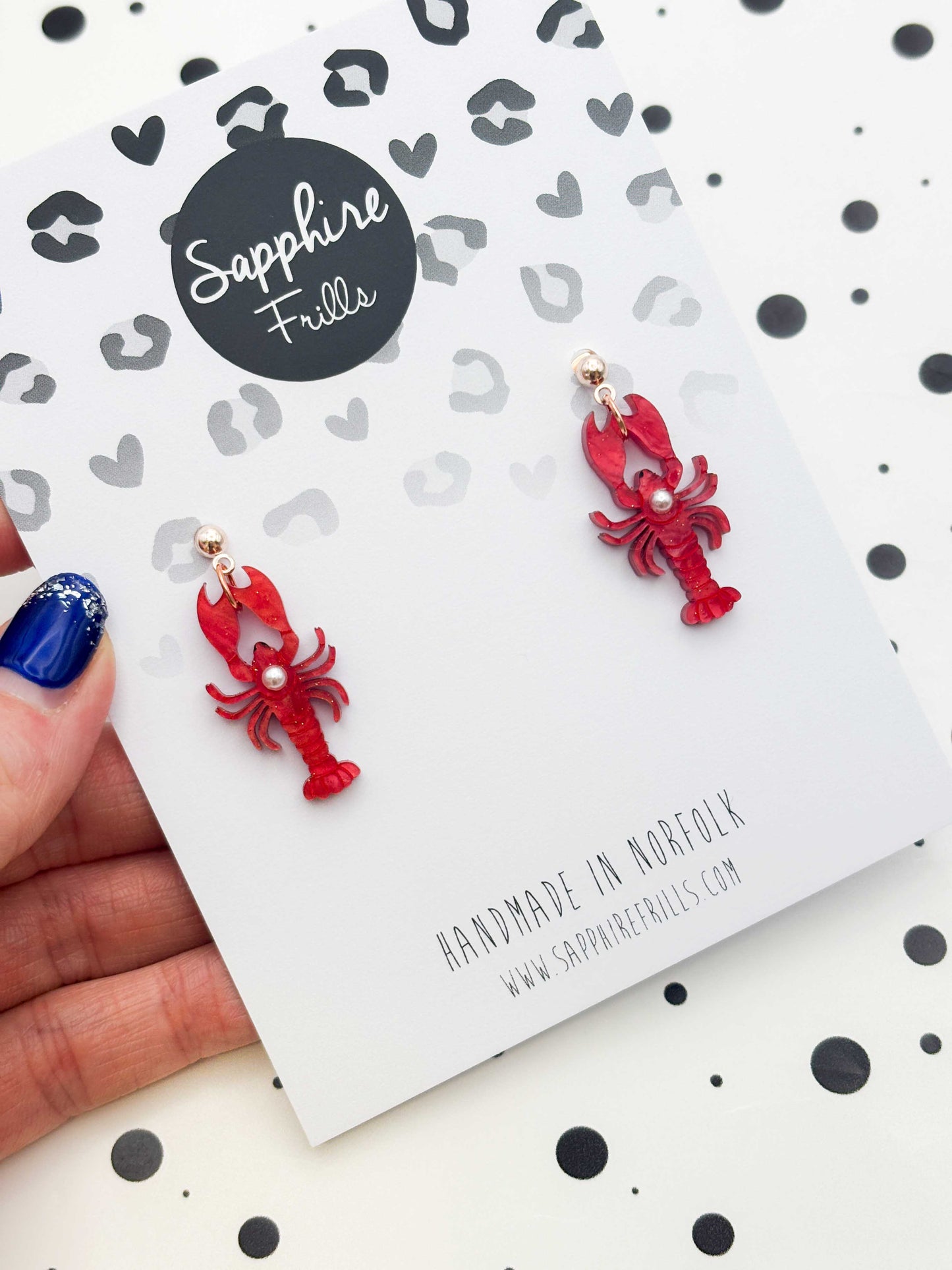 Large Red Glitter Marble Lobster with Pearl Dangle Earrings or Necklace – Hypoallergenic Stainless Steel