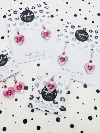 Medium Pink & Purple Glitter Marble Love Potion Dangle Earrings or Necklace – Hypoallergenic Stainless Steel