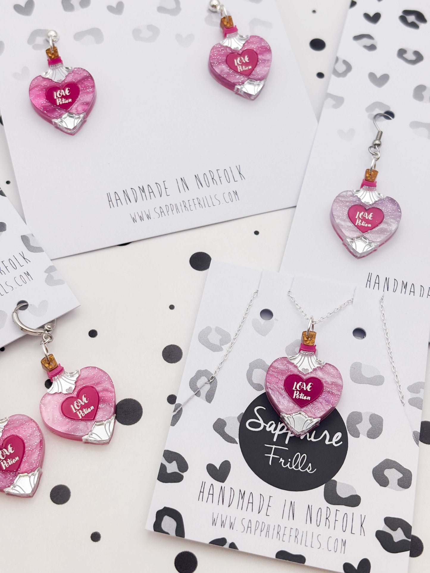 Medium Pink & Purple Glitter Marble Love Potion Dangle Earrings or Necklace – Hypoallergenic Stainless Steel
