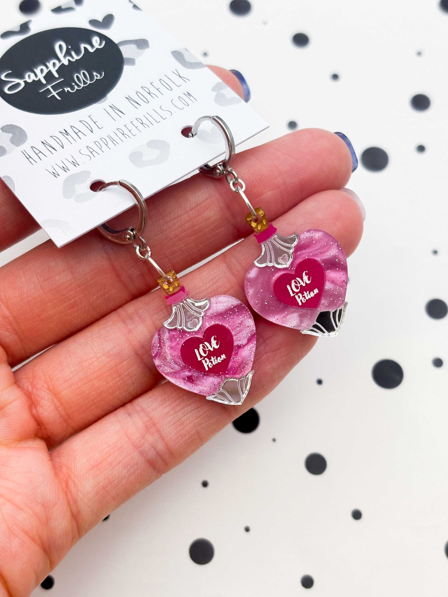Medium Pink & Purple Glitter Marble Love Potion Dangle Earrings or Necklace – Hypoallergenic Stainless Steel