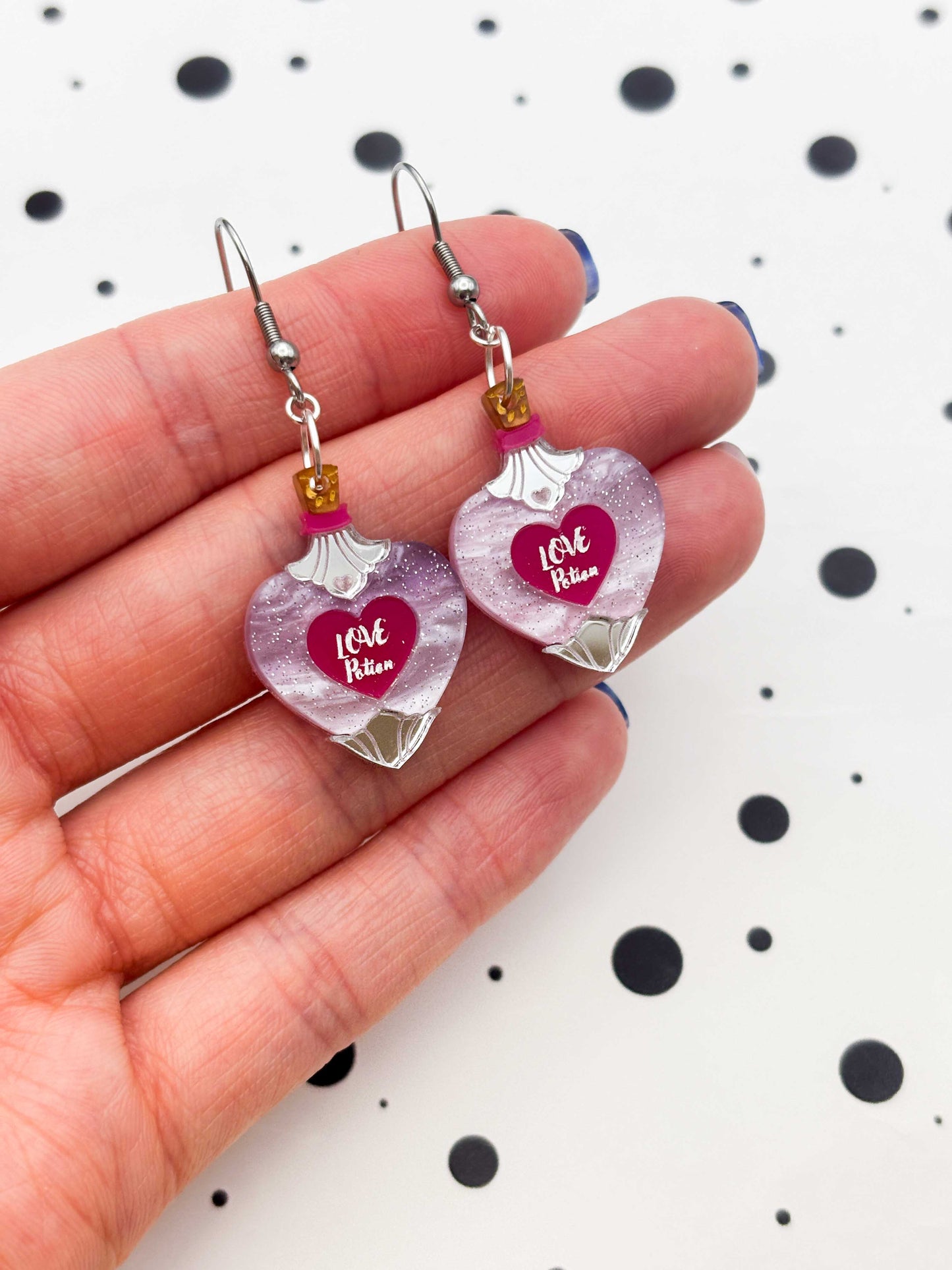 Medium Pink & Purple Glitter Marble Love Potion Dangle Earrings or Necklace – Hypoallergenic Stainless Steel