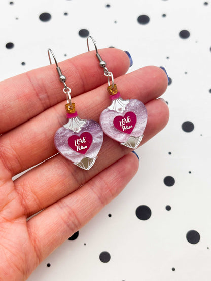Medium Pink & Purple Glitter Marble Love Potion Dangle Earrings or Necklace – Hypoallergenic Stainless Steel