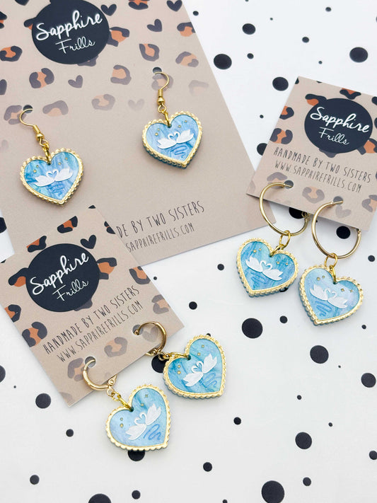 Medium Blue Glitter Marble Swan Scallop Heart Dangle Earrings or Necklace – Hypoallergenic Stainless Steel