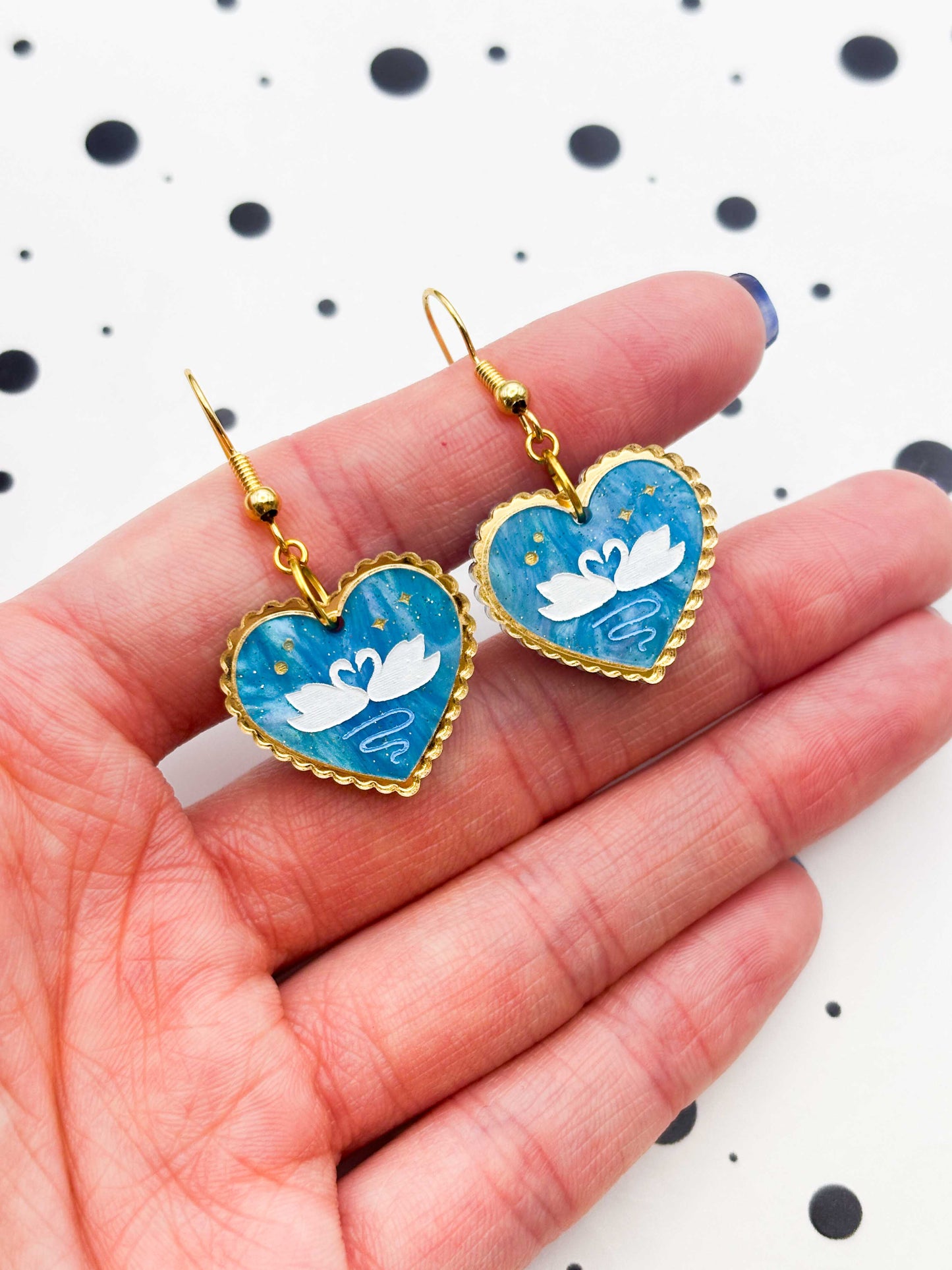 Medium Blue Glitter Marble Swan Scallop Heart Dangle Earrings or Necklace – Hypoallergenic Stainless Steel