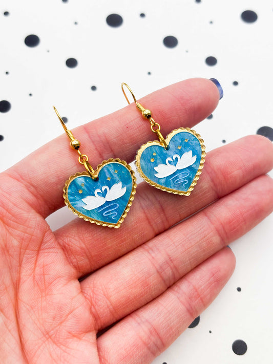 Medium Blue Glitter Marble Swan Scallop Heart Dangle Earrings or Necklace – Hypoallergenic Stainless Steel