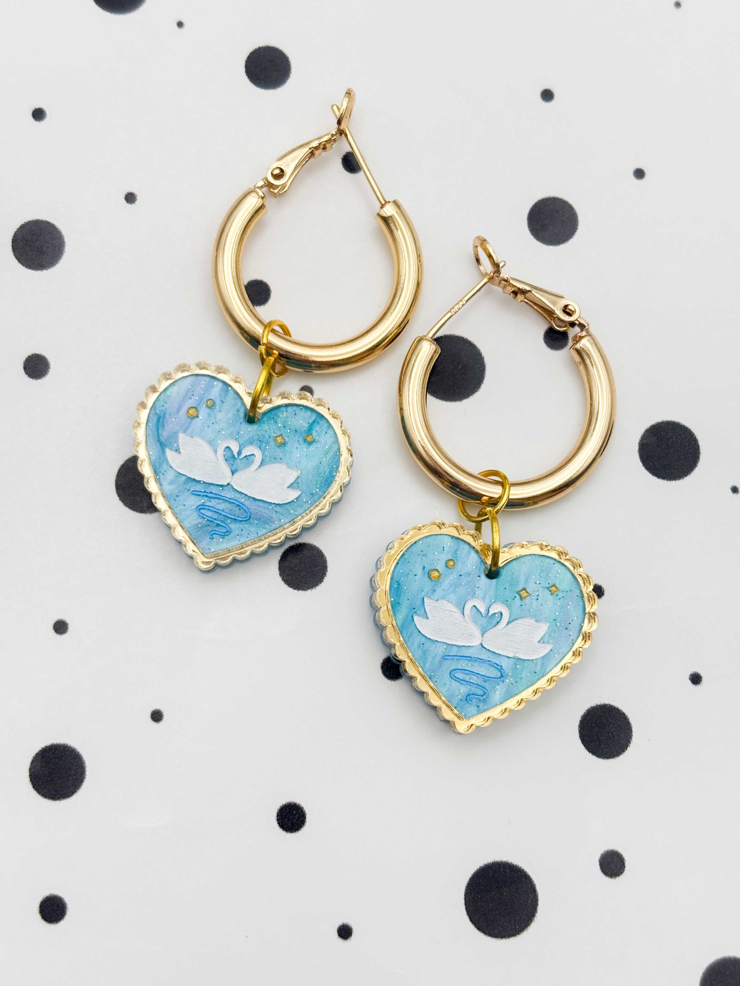 Medium Blue Glitter Marble Swan Scallop Heart Dangle Earrings or Necklace – Hypoallergenic Stainless Steel