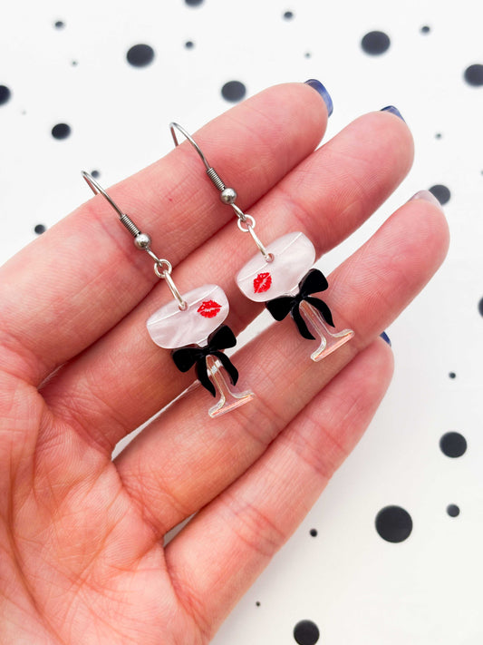 Medium Cupid's Kiss Cocktail with Black Bow Dangle Earrings or Necklace – Hypoallergenic Stainless Steel
