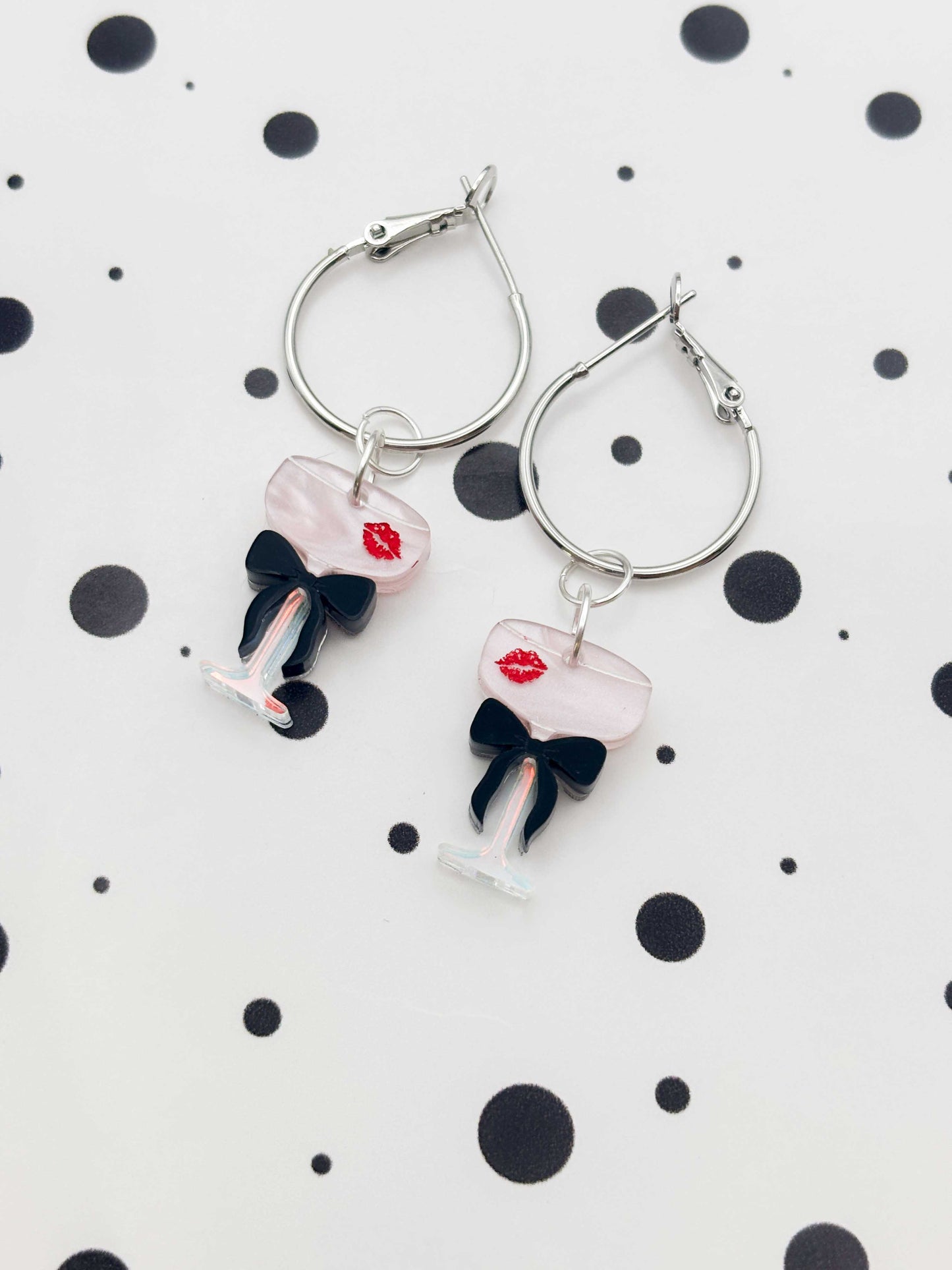 Medium Cupid's Kiss Cocktail with Black Bow Dangle Earrings or Necklace – Hypoallergenic Stainless Steel