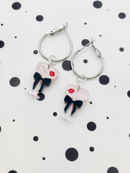 Medium Cupid's Kiss Cocktail with Black Bow Dangle Earrings or Necklace – Hypoallergenic Stainless Steel