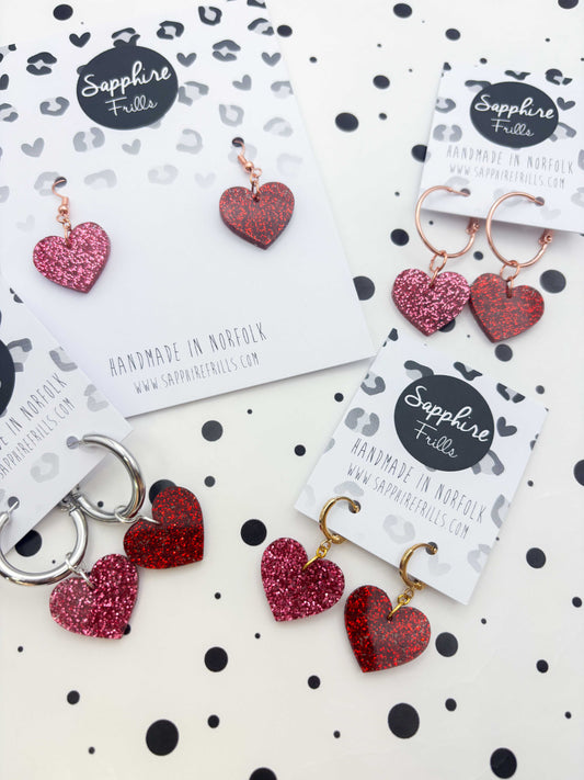 Medium Red & Hot Pink Mismatch Glitter Heart Dangle Earrings or Necklace – Hypoallergenic Stainless Steel