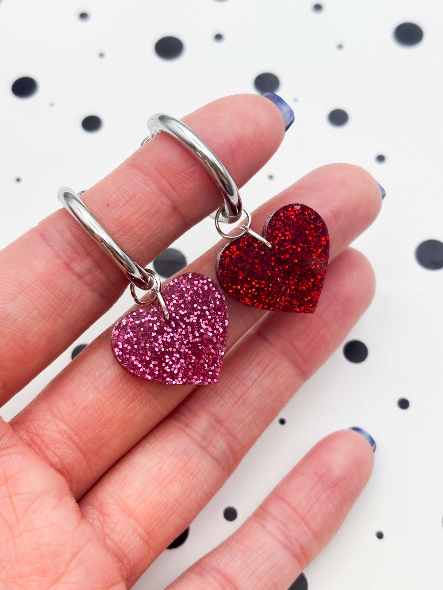 Medium Red & Hot Pink Mismatch Glitter Heart Dangle Earrings or Necklace – Hypoallergenic Stainless Steel