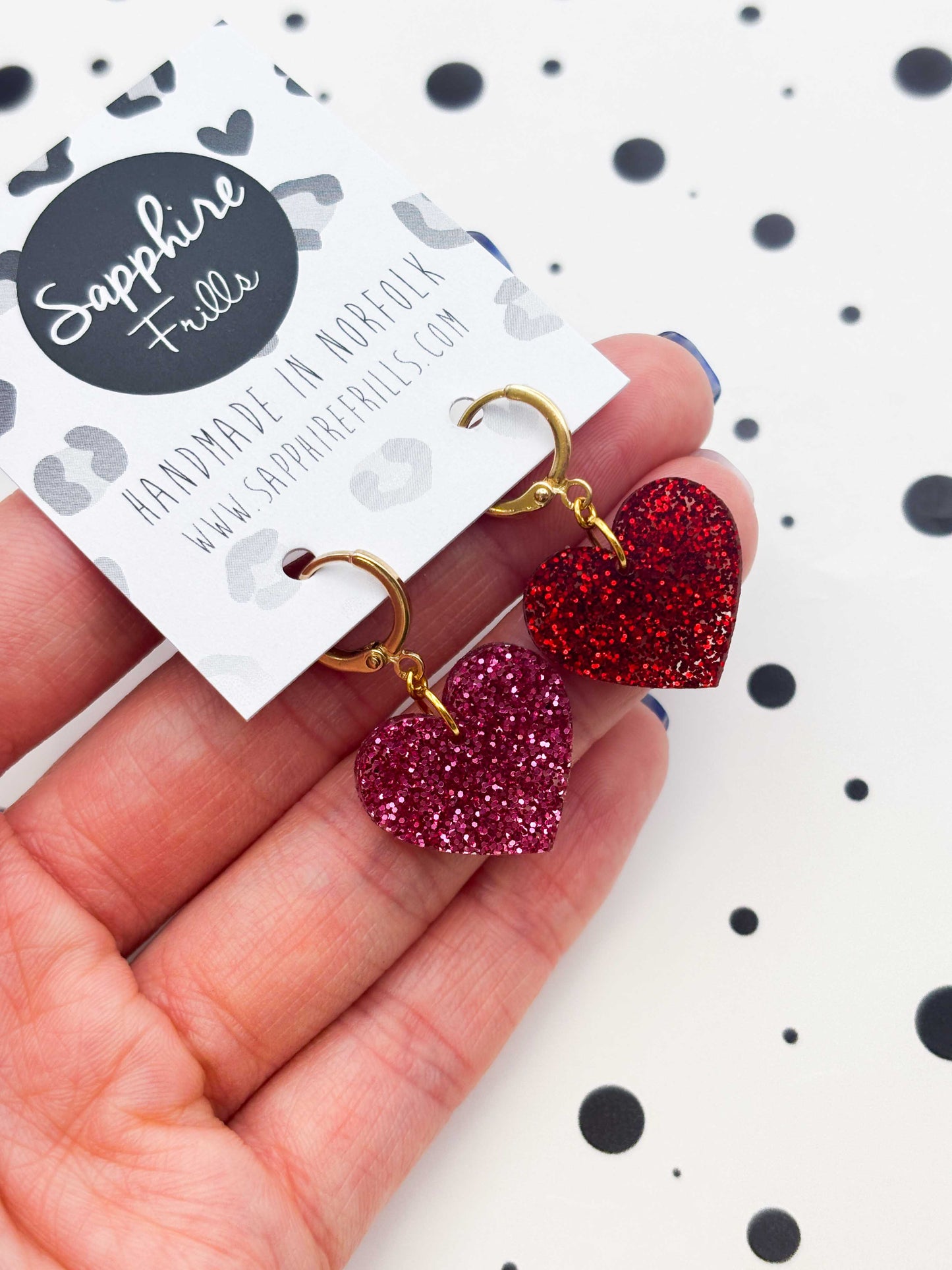 Medium Red & Hot Pink Mismatch Glitter Heart Dangle Earrings or Necklace – Hypoallergenic Stainless Steel