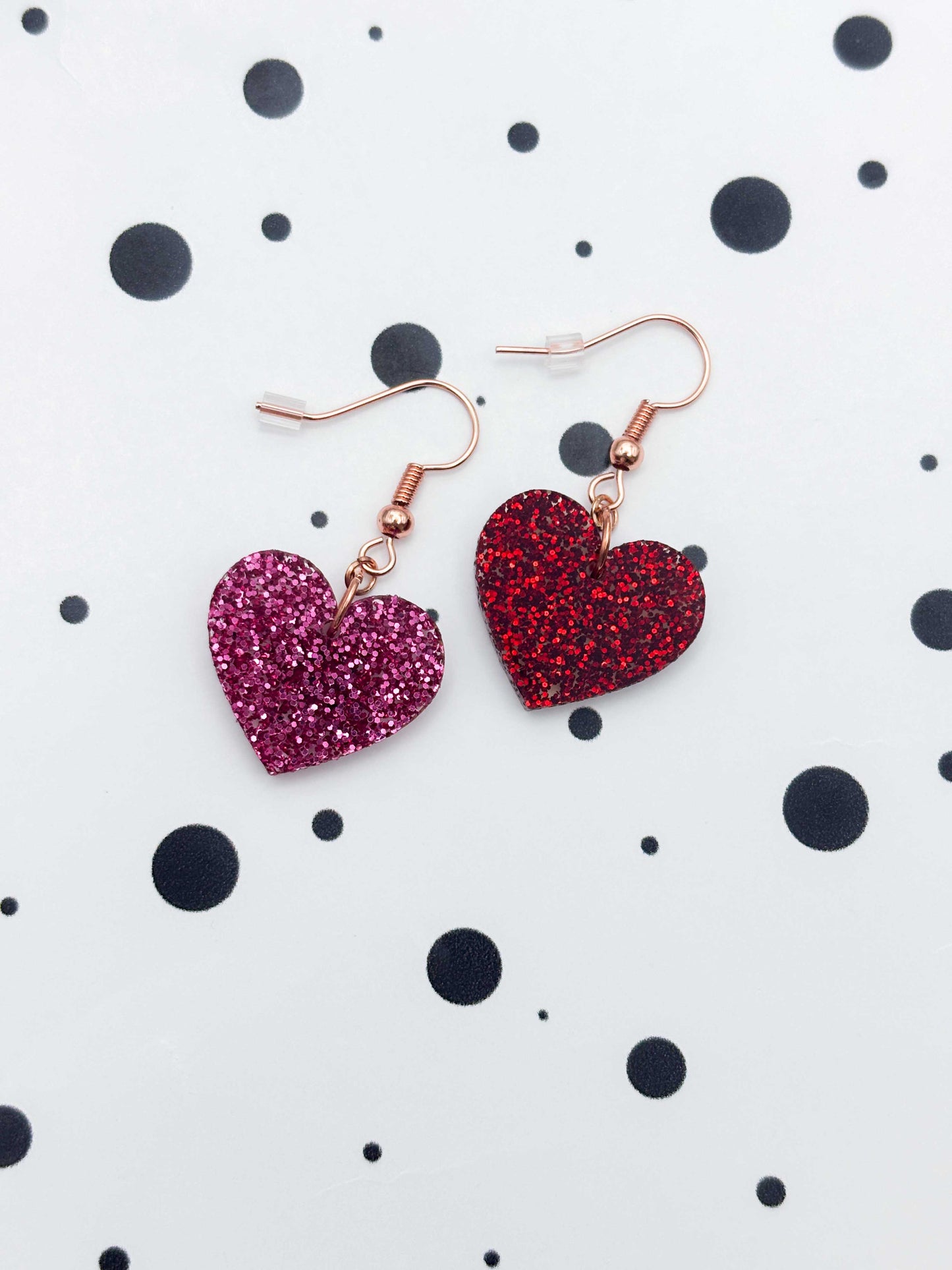 Medium Red & Hot Pink Mismatch Glitter Heart Dangle Earrings or Necklace – Hypoallergenic Stainless Steel