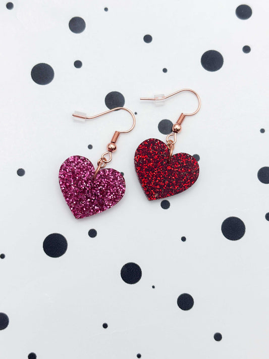 Medium Red & Hot Pink Mismatch Glitter Heart Dangle Earrings or Necklace – Hypoallergenic Stainless Steel