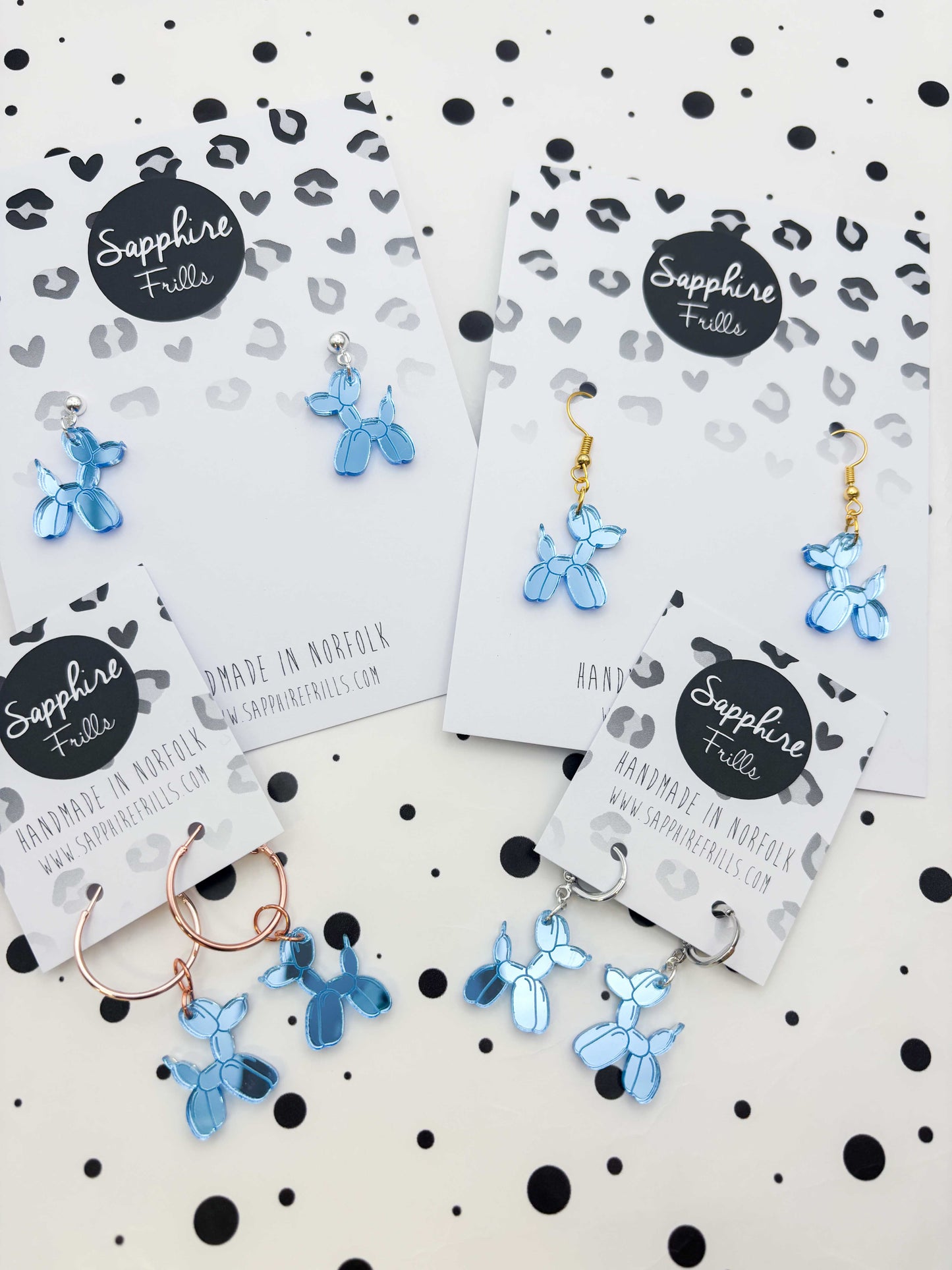 Medium Light Blue Mirror Balloon Dog Dangle Earrings or Necklace – Hypoallergenic Stainless Steel