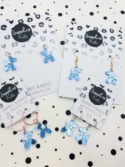 Medium Light Blue Mirror Balloon Dog Dangle Earrings or Necklace – Hypoallergenic Stainless Steel
