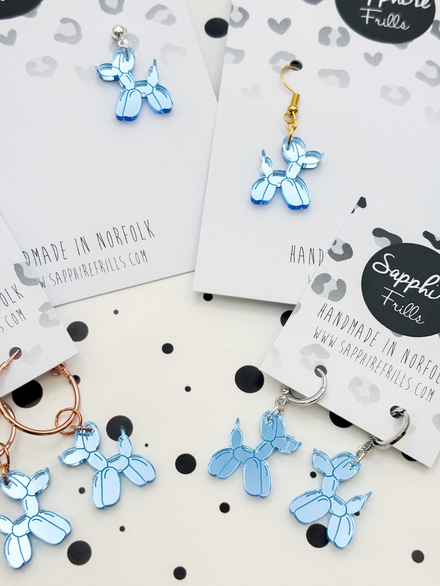 Medium Light Blue Mirror Balloon Dog Dangle Earrings or Necklace – Hypoallergenic Stainless Steel