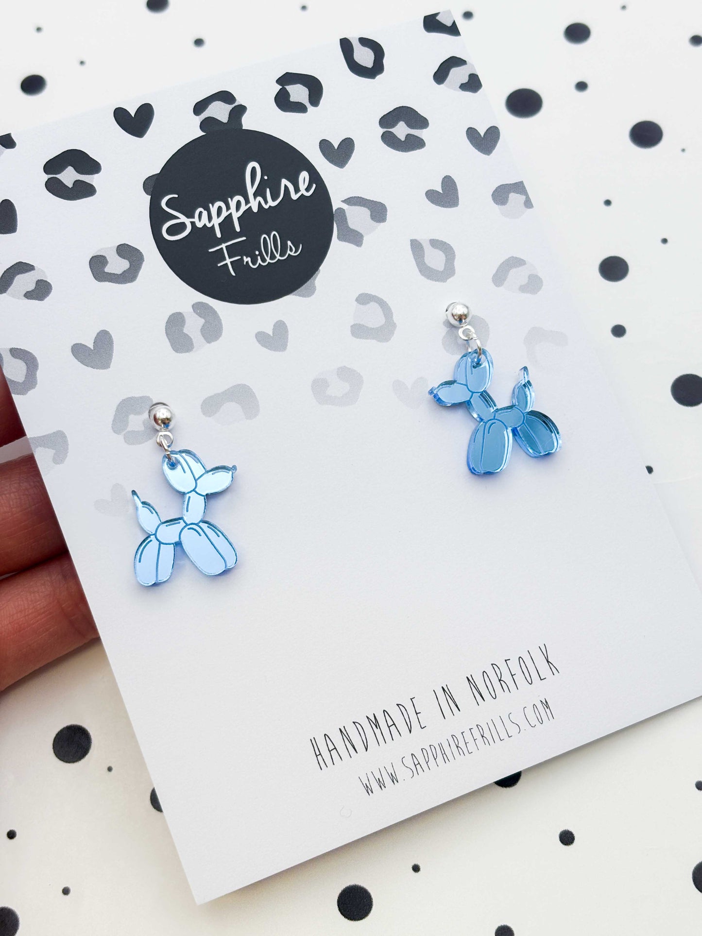 Medium Light Blue Mirror Balloon Dog Dangle Earrings or Necklace – Hypoallergenic Stainless Steel
