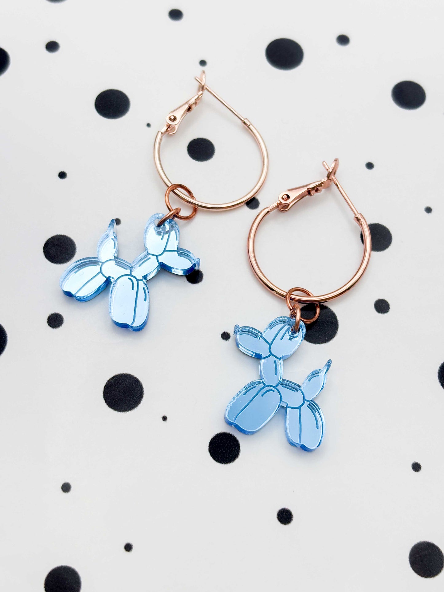 Medium Light Blue Mirror Balloon Dog Dangle Earrings or Necklace – Hypoallergenic Stainless Steel