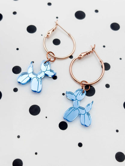 Medium Light Blue Mirror Balloon Dog Dangle Earrings or Necklace – Hypoallergenic Stainless Steel