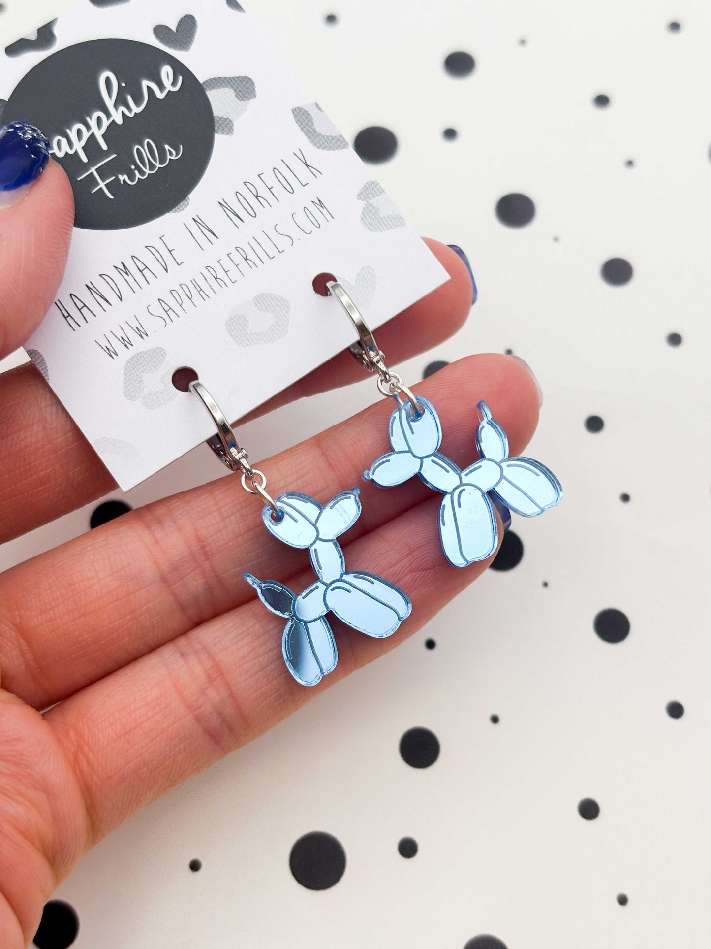 Medium Light Blue Mirror Balloon Dog Dangle Earrings or Necklace – Hypoallergenic Stainless Steel