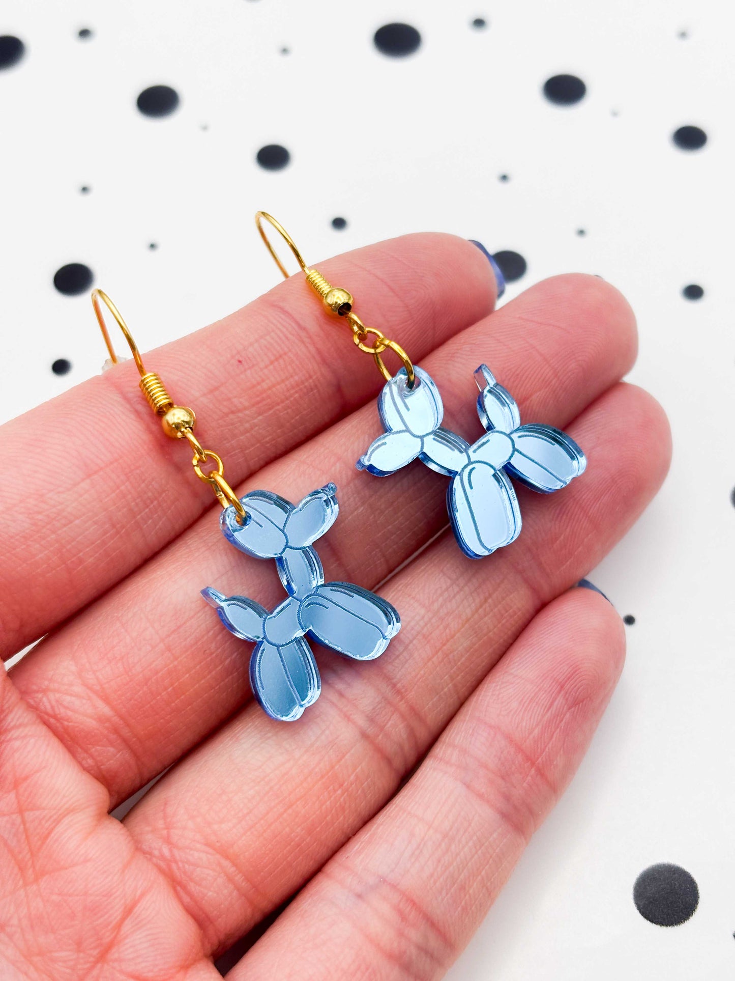 Medium Light Blue Mirror Balloon Dog Dangle Earrings or Necklace – Hypoallergenic Stainless Steel