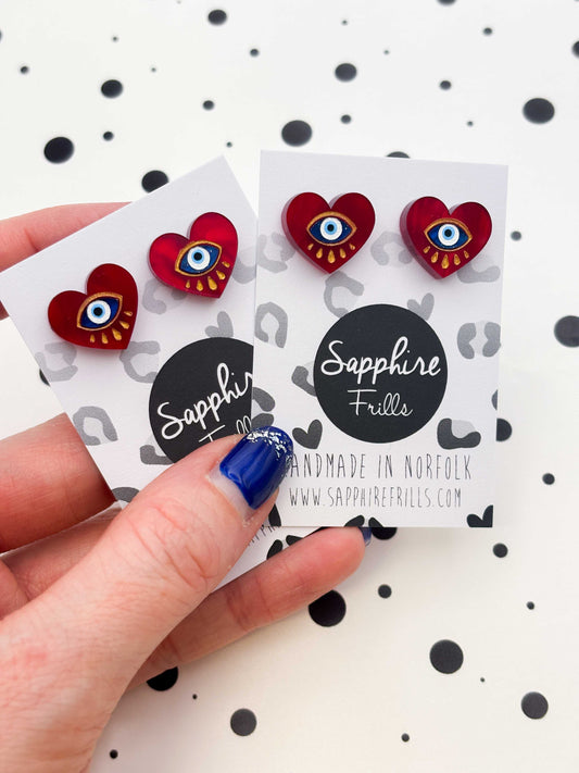 Small Deep Red Marble Evil Eye Heart Stud Earrings – Hypoallergenic Stainless Steel