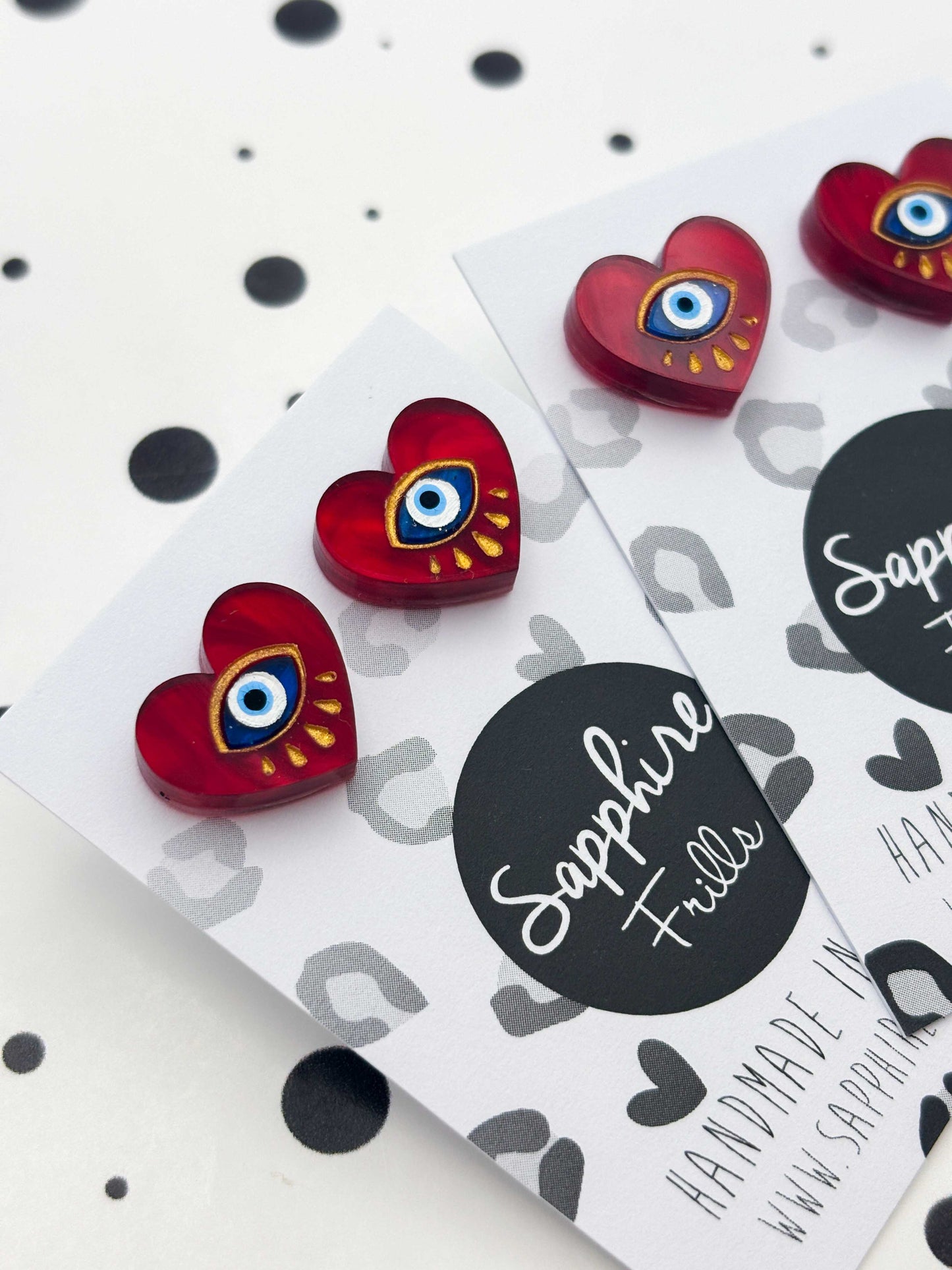 Small Deep Red Marble Evil Eye Heart Stud Earrings – Hypoallergenic Stainless Steel