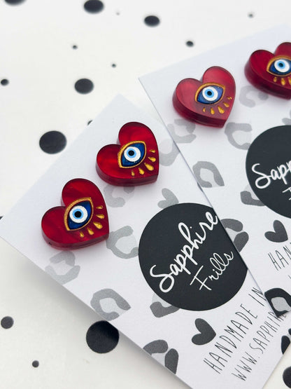 Small Deep Red Marble Evil Eye Heart Stud Earrings – Hypoallergenic Stainless Steel