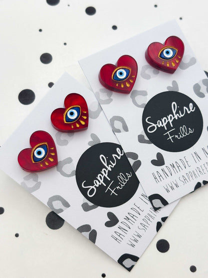 Small Deep Red Marble Evil Eye Heart Stud Earrings – Hypoallergenic Stainless Steel