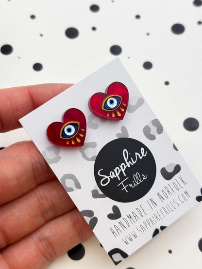 Small Deep Red Marble Evil Eye Heart Stud Earrings – Hypoallergenic Stainless Steel