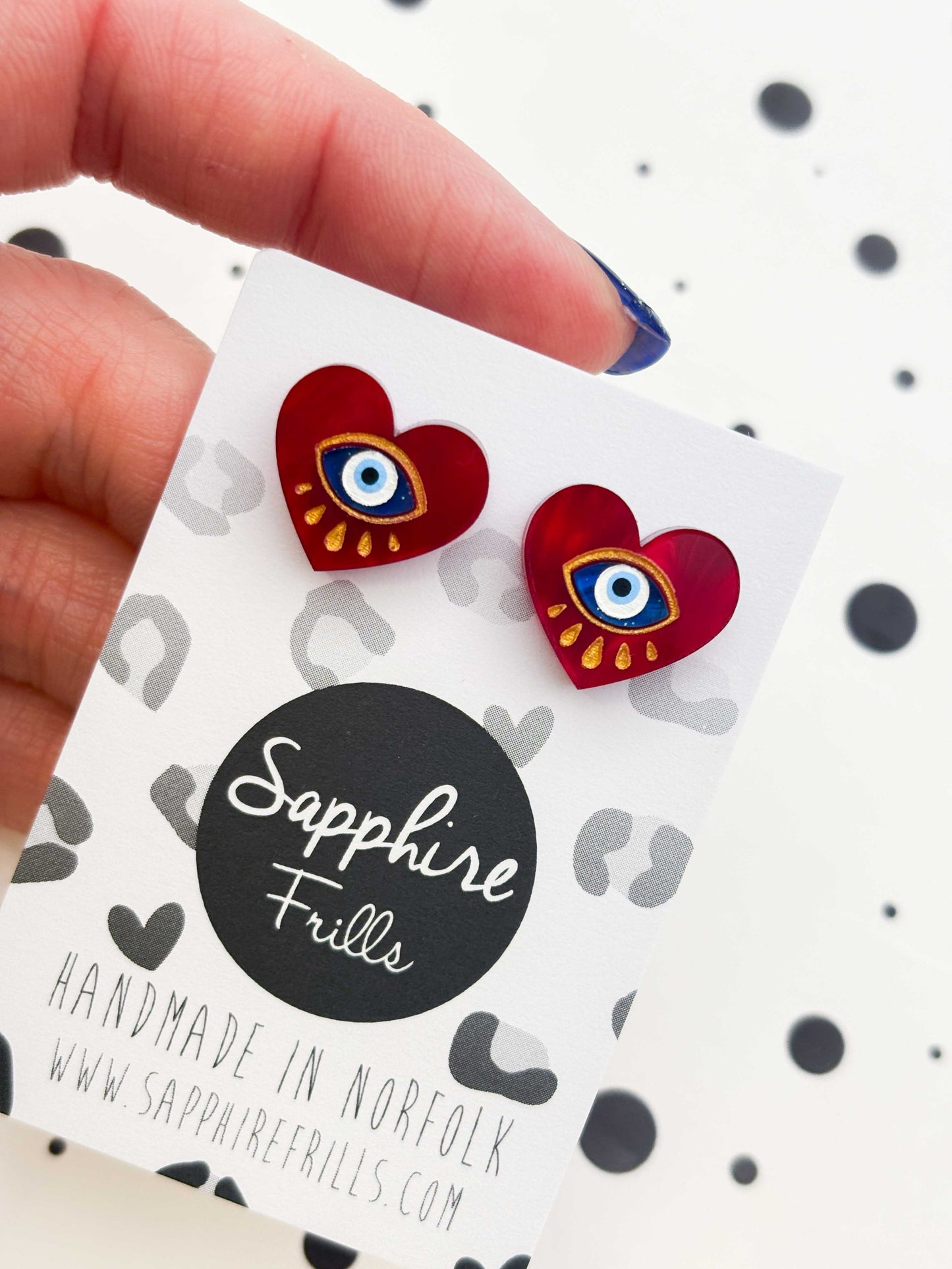 Small Deep Red Marble Evil Eye Heart Stud Earrings – Hypoallergenic Stainless Steel