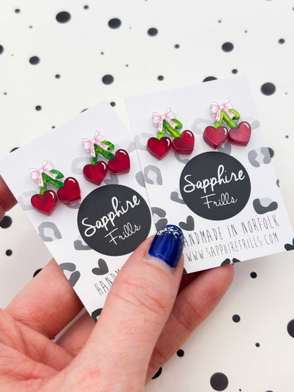 Small Red Heart Cherries with Pink Bow Stud Earrings – Hypoallergenic Stainless Steel