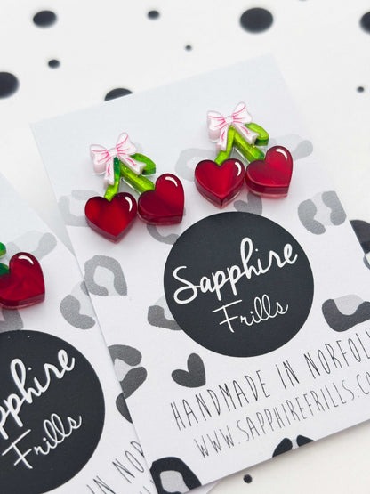 Small Red Heart Cherries with Pink Bow Stud Earrings – Hypoallergenic Stainless Steel