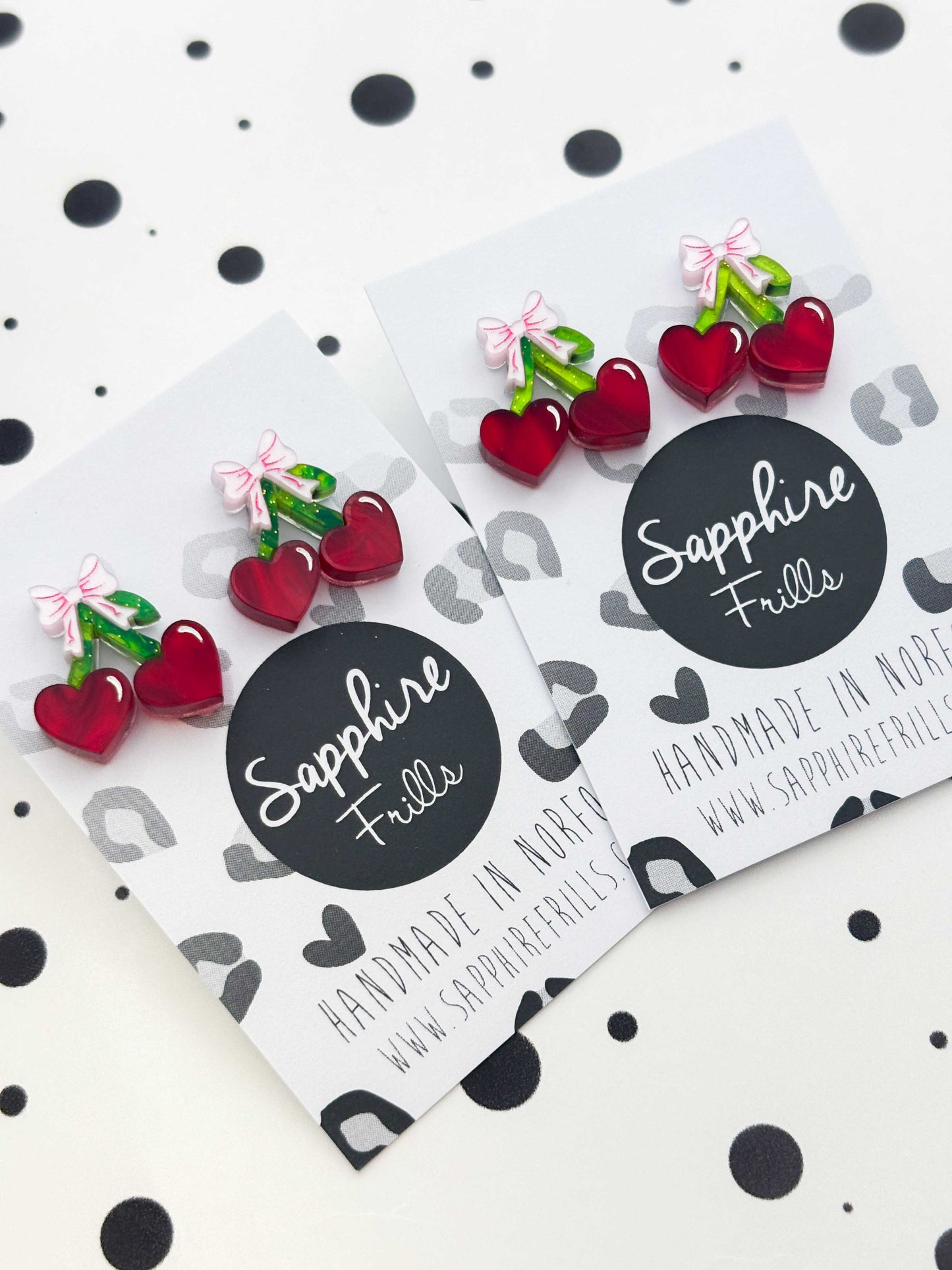 Small Red Heart Cherries with Pink Bow Stud Earrings – Hypoallergenic Stainless Steel