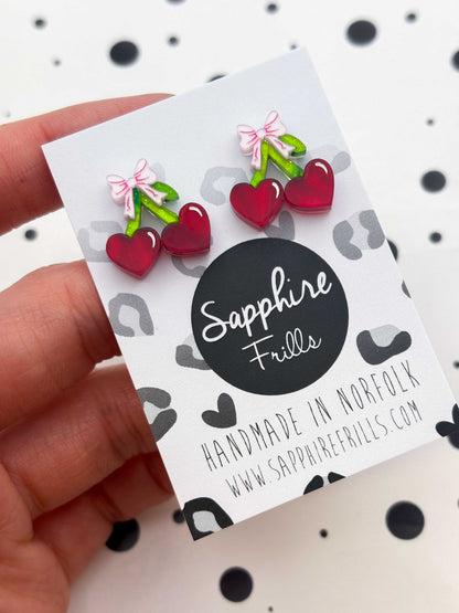 Small Red Heart Cherries with Pink Bow Stud Earrings – Hypoallergenic Stainless Steel