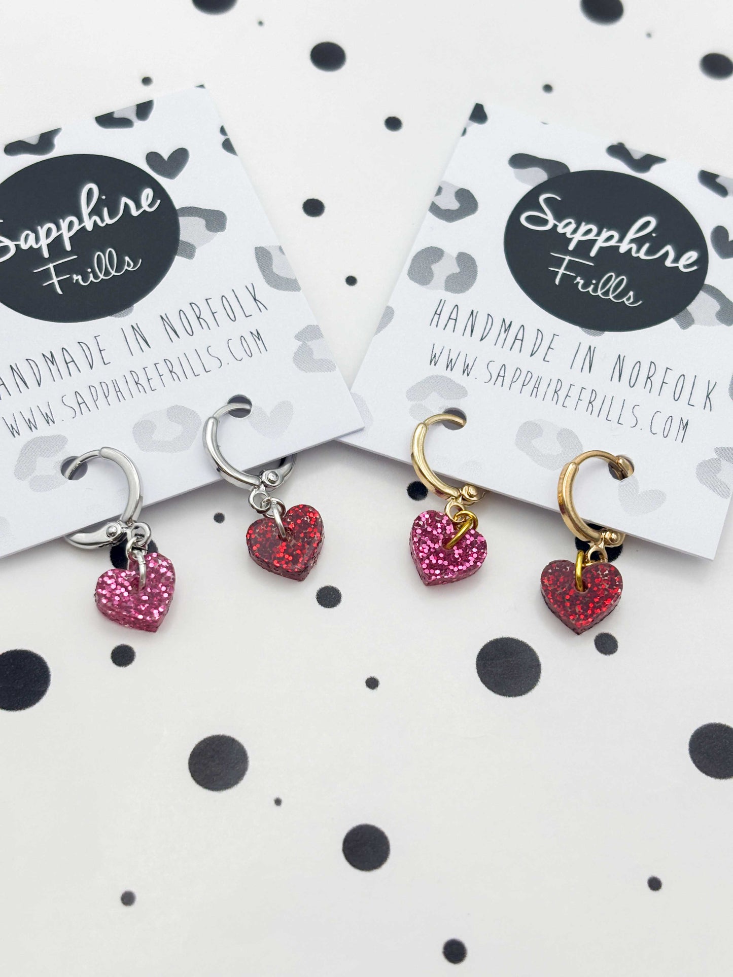 Mini Red & Hot Pink Mismatch Glitter Heart Dangle Earrings or Necklace – Hypoallergenic Stainless Steel