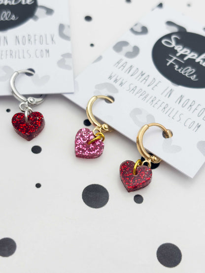 Mini Red & Hot Pink Mismatch Glitter Heart Dangle Earrings or Necklace – Hypoallergenic Stainless Steel