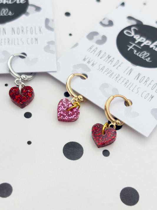 Mini Red & Hot Pink Mismatch Glitter Heart Dangle Earrings or Necklace – Hypoallergenic Stainless Steel