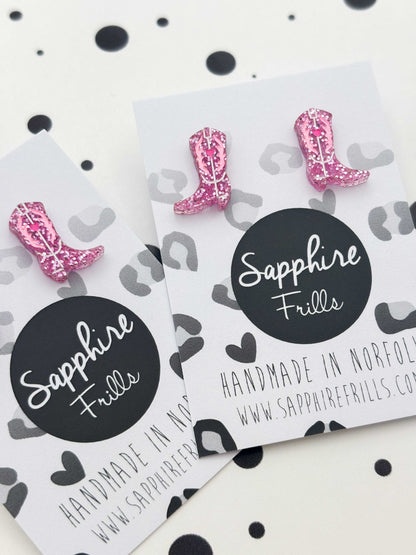Small Bubblegum Pink Glitter Cowgirl Boot Studs – Hypoallergenic Stainless Steel