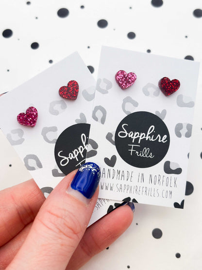 Mini Red & Hot Pink Mismatch Glitter Heart Studs – Hypoallergenic Stainless Steel